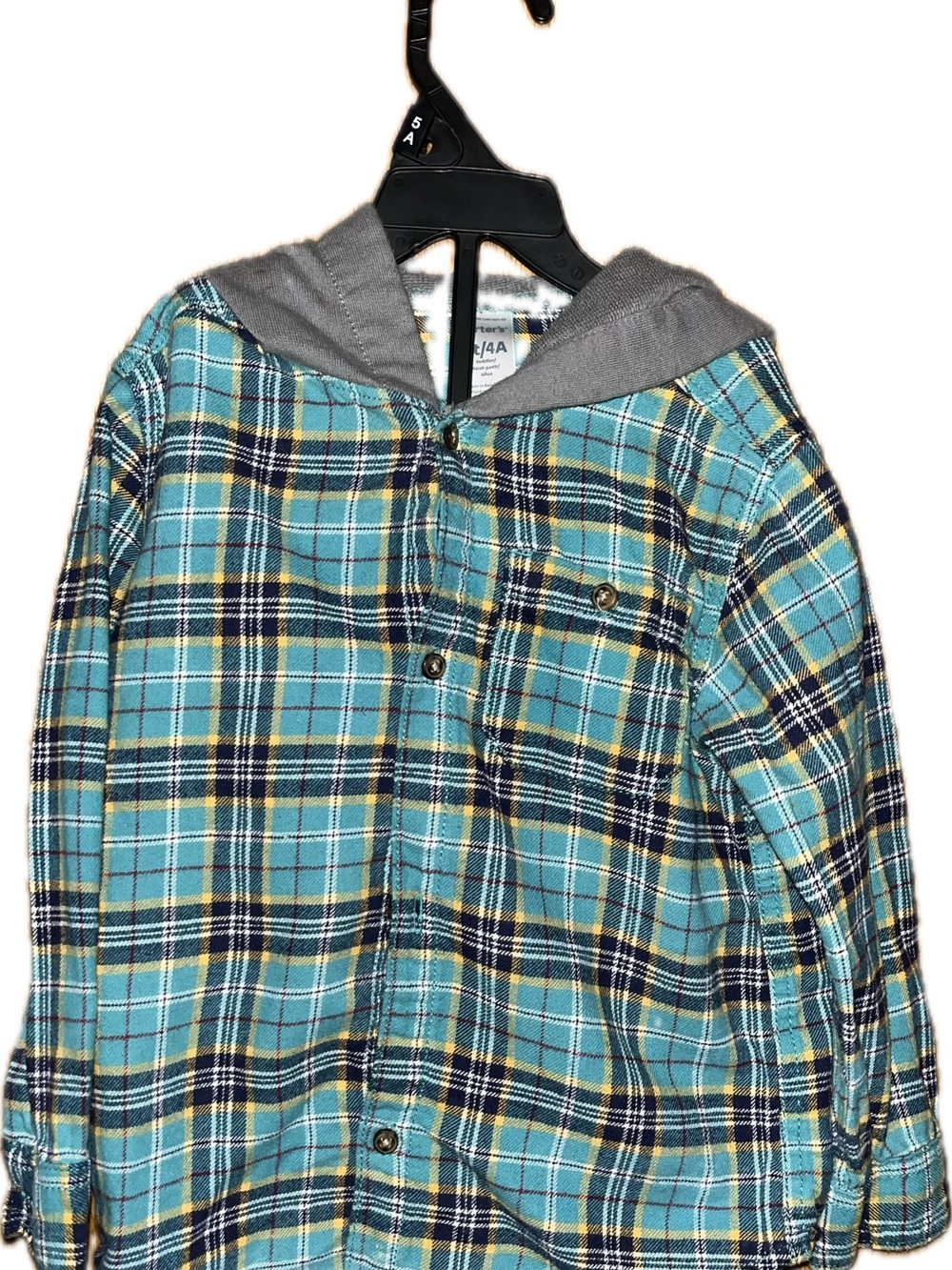 Carter's Teal, Navy & Yellow Plaid Hooded Button-Down Shirt 4T